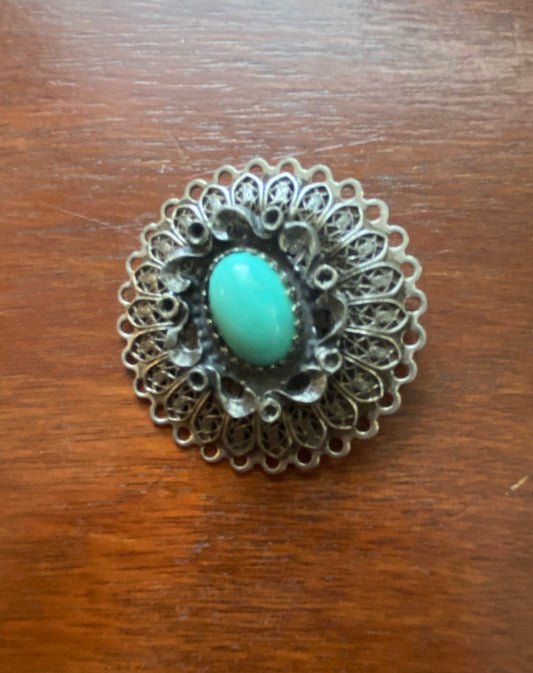 Vintage Silver Tone Filigree Faux Turquoise Cabochon Brooch Pin