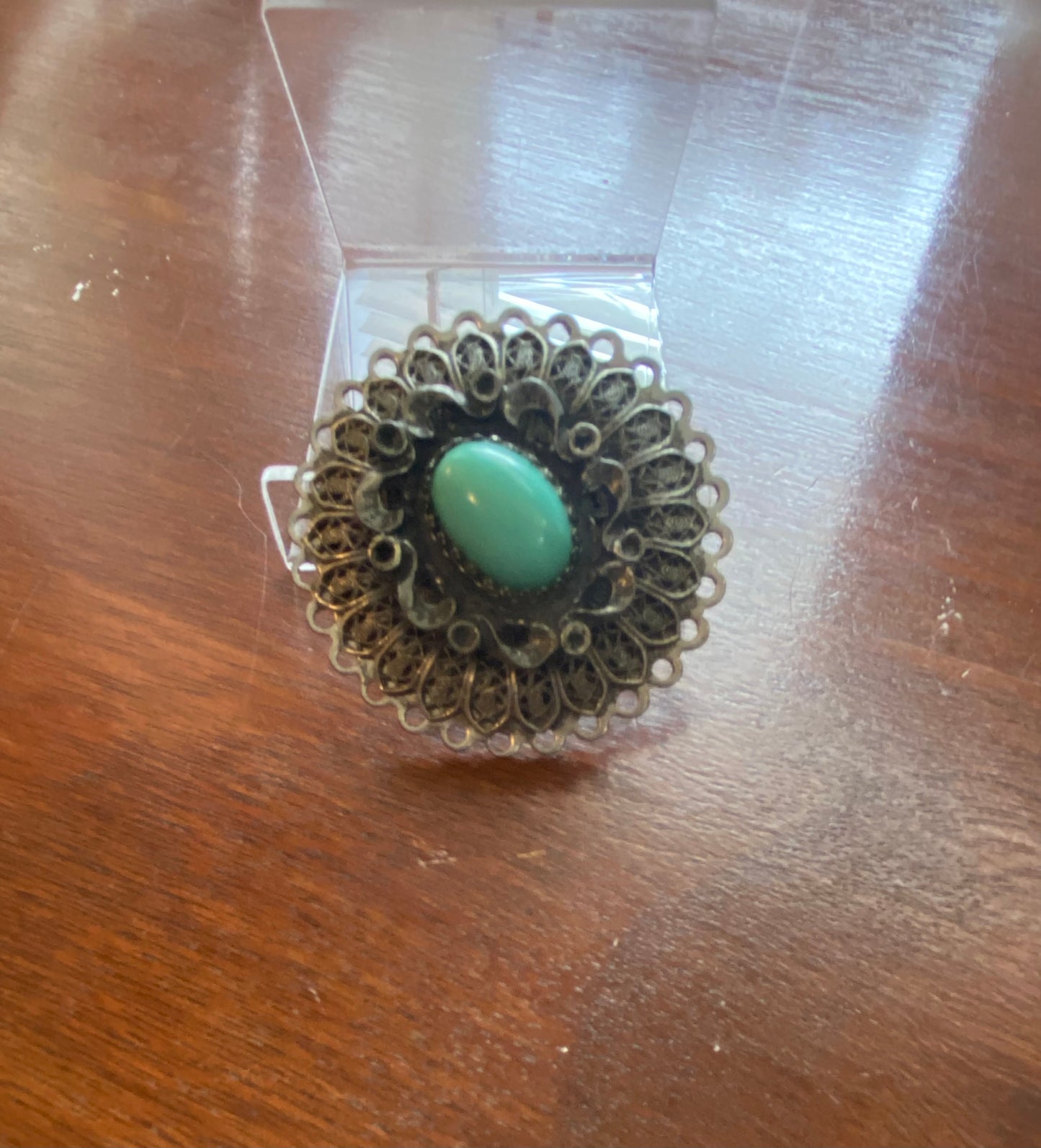 Vintage Silver Tone Filigree Faux Turquoise Cabochon Brooch Pin