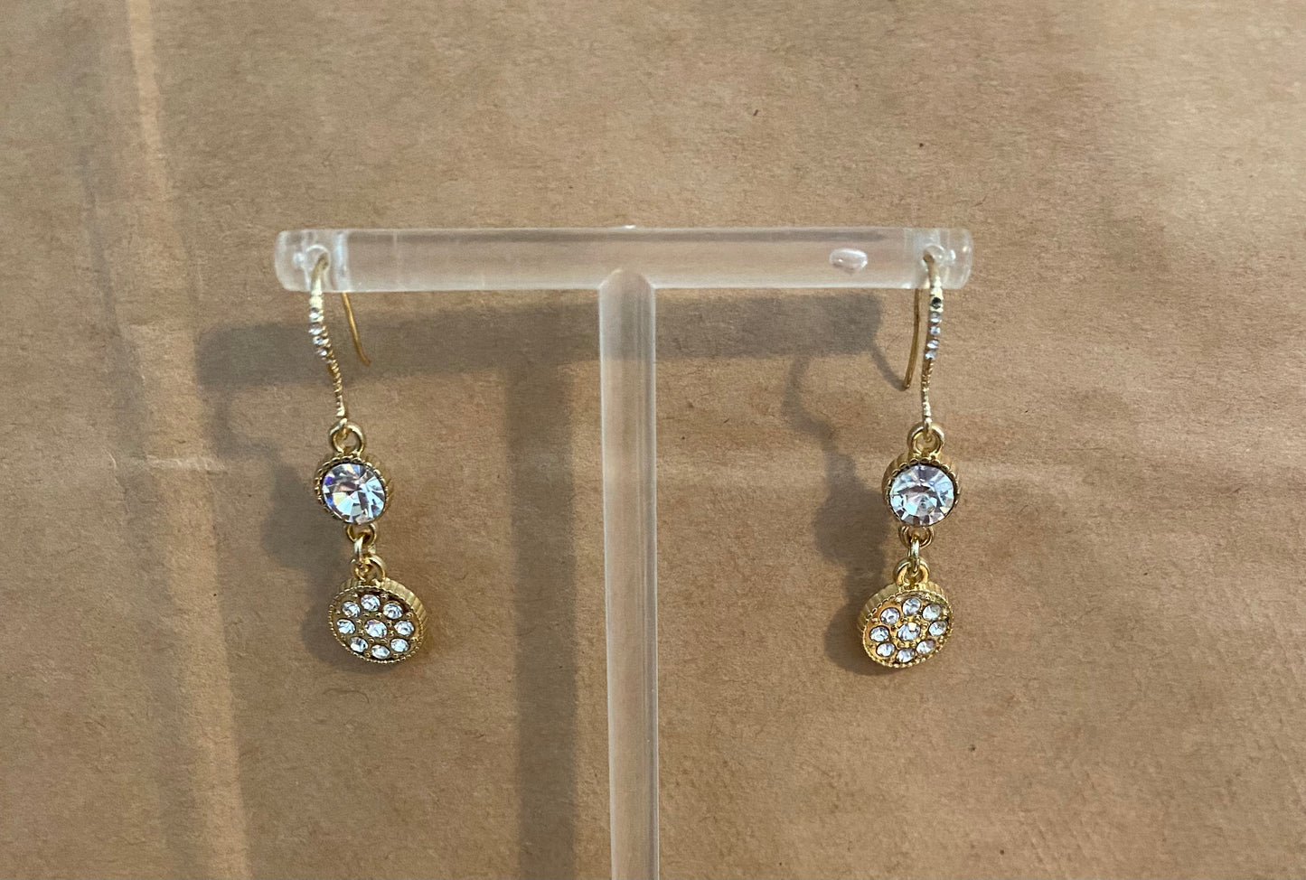 Gold Tone Cubic Zirconia Sparkly Round Drop Pierced Earrings