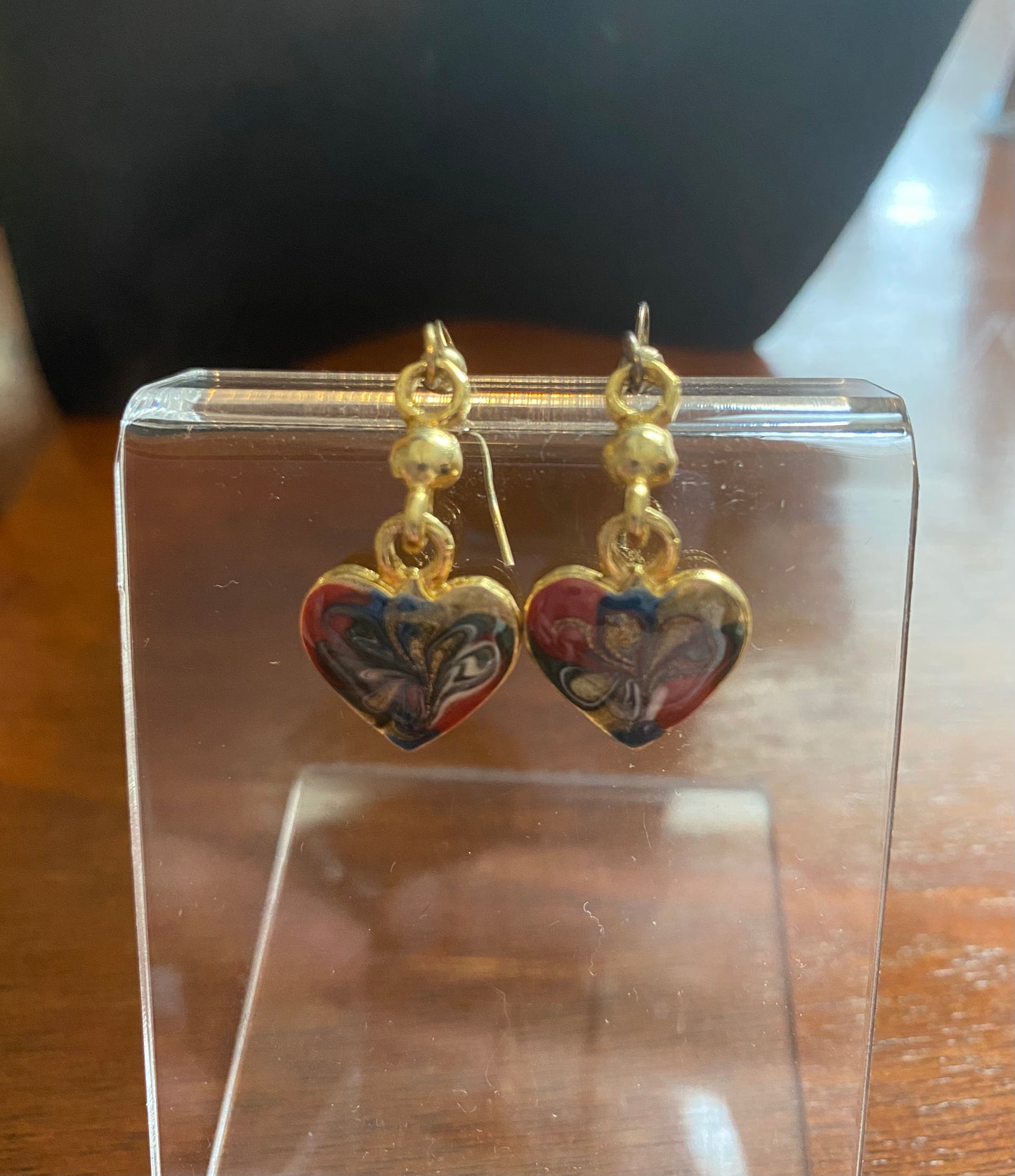 Vintage Gold Tone Enamel Swirl Painted Heart Earrings