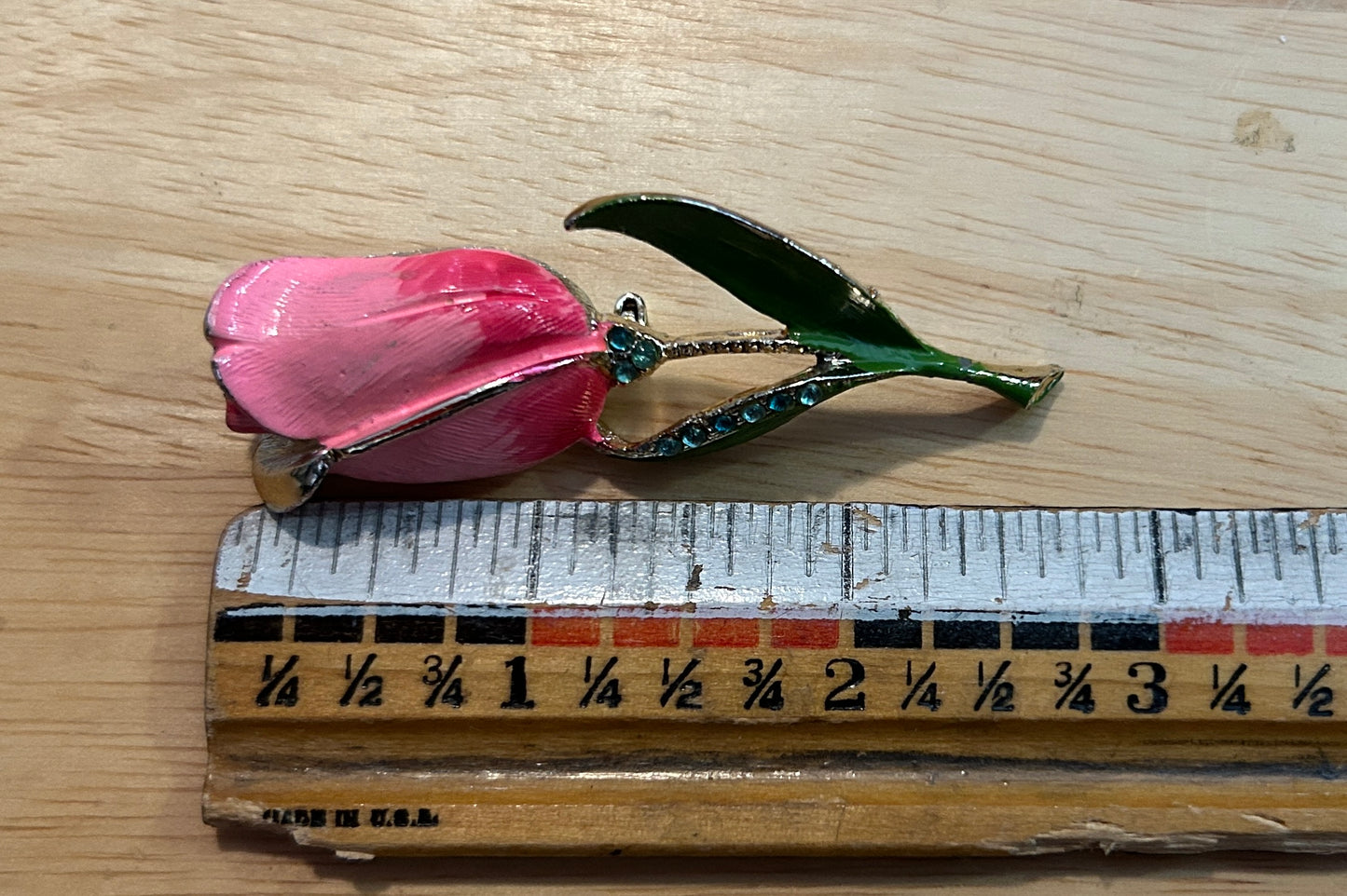 Vintage Gold Tone Rose Pink & Green Enamel Blue Rhinestones Brooch & Lapel Pin