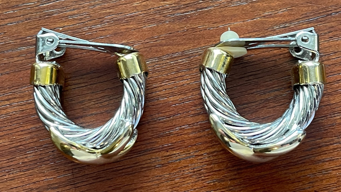 Vintage Gold Silver Tone Two Row X Pattern Crossover Clip On Hoop Earrings