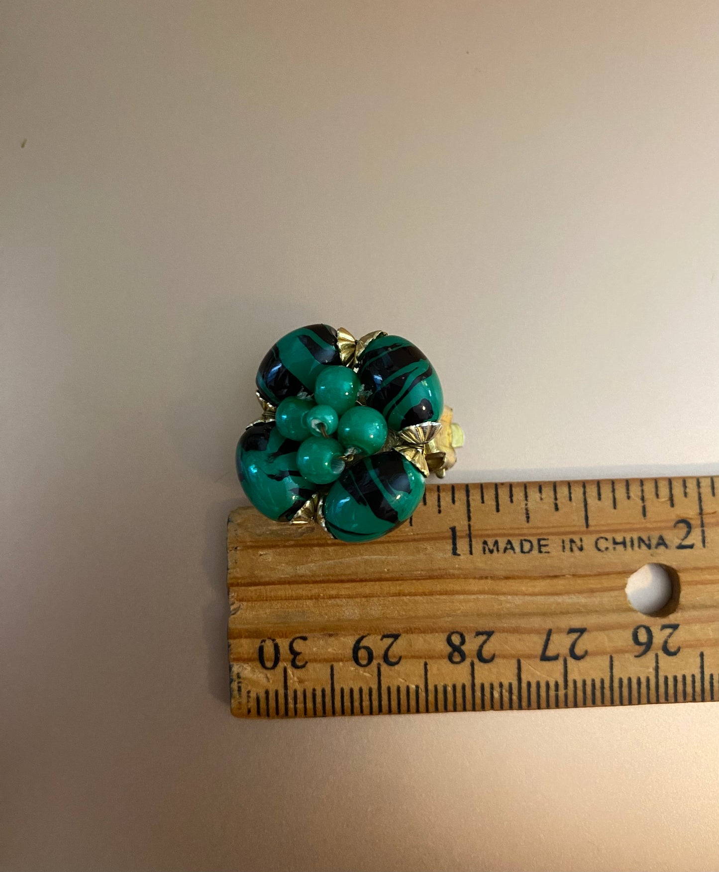 Gold Tone Green And Black Beads Clip On Earrings