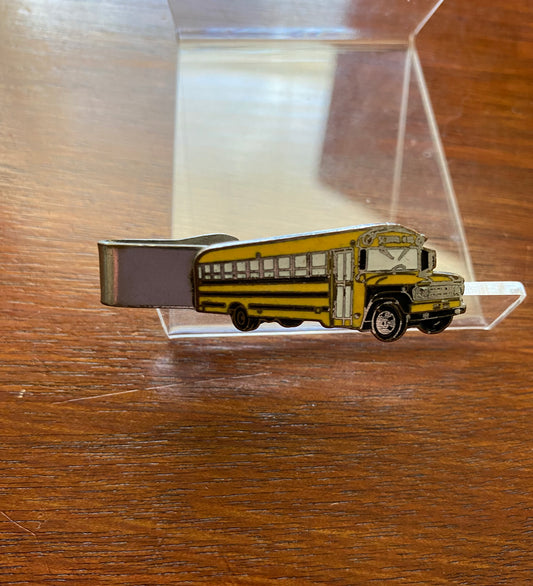 Silver Tone Yellow Black Enamel School Bus Tie Clip