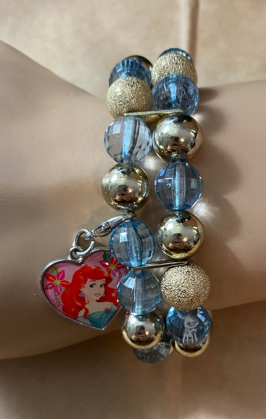 Disney Ariel Frozen Bead Stretch Bracelet Bangles Blue Silver Gold Tone