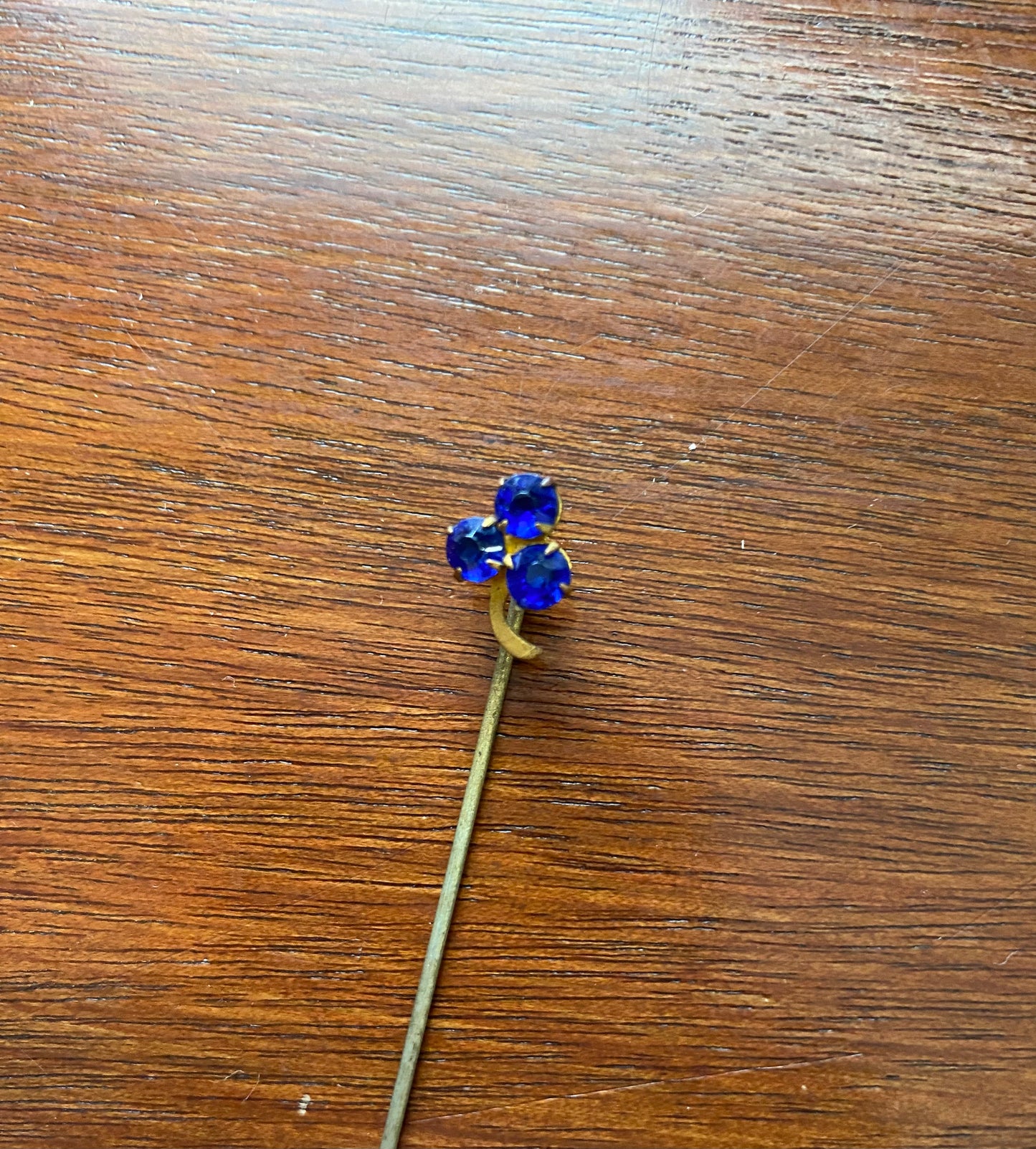 Vintage Blue Rhinestone Clover Hat Pin