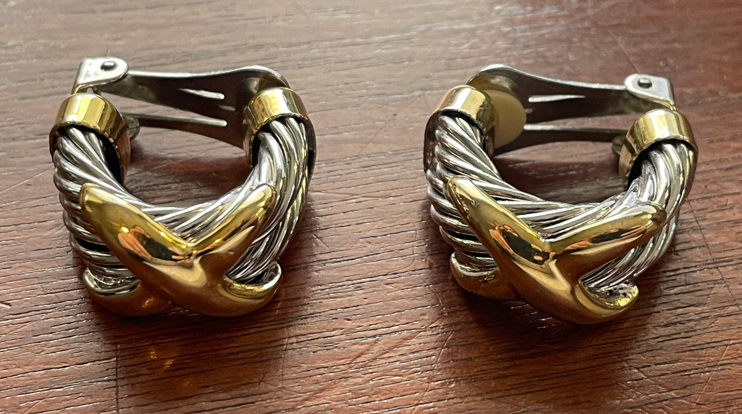 Vintage Gold Silver Tone Two Row X Pattern Crossover Clip On Hoop Earrings