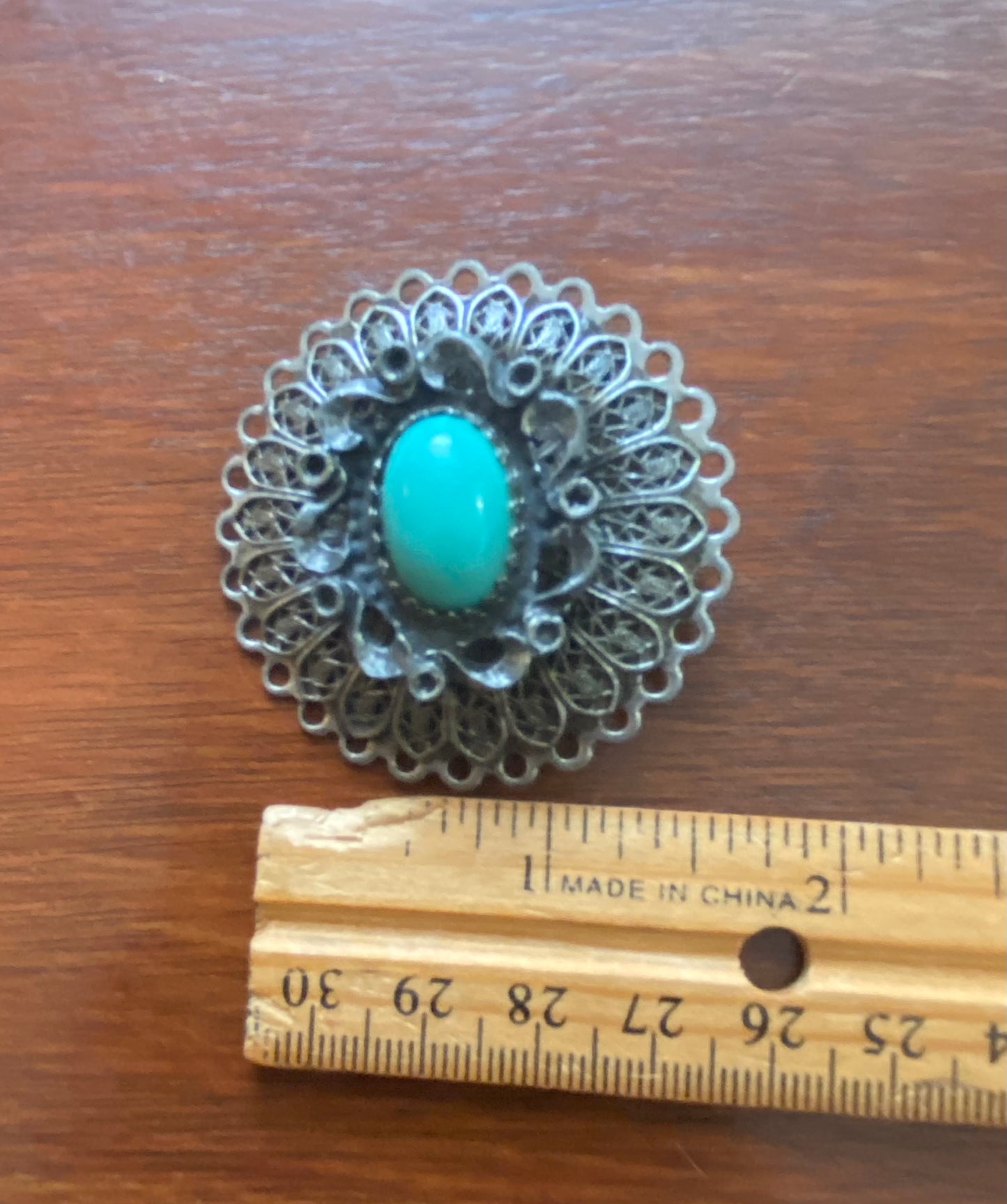 Vintage Silver Tone Filigree Faux Turquoise Cabochon Brooch Pin