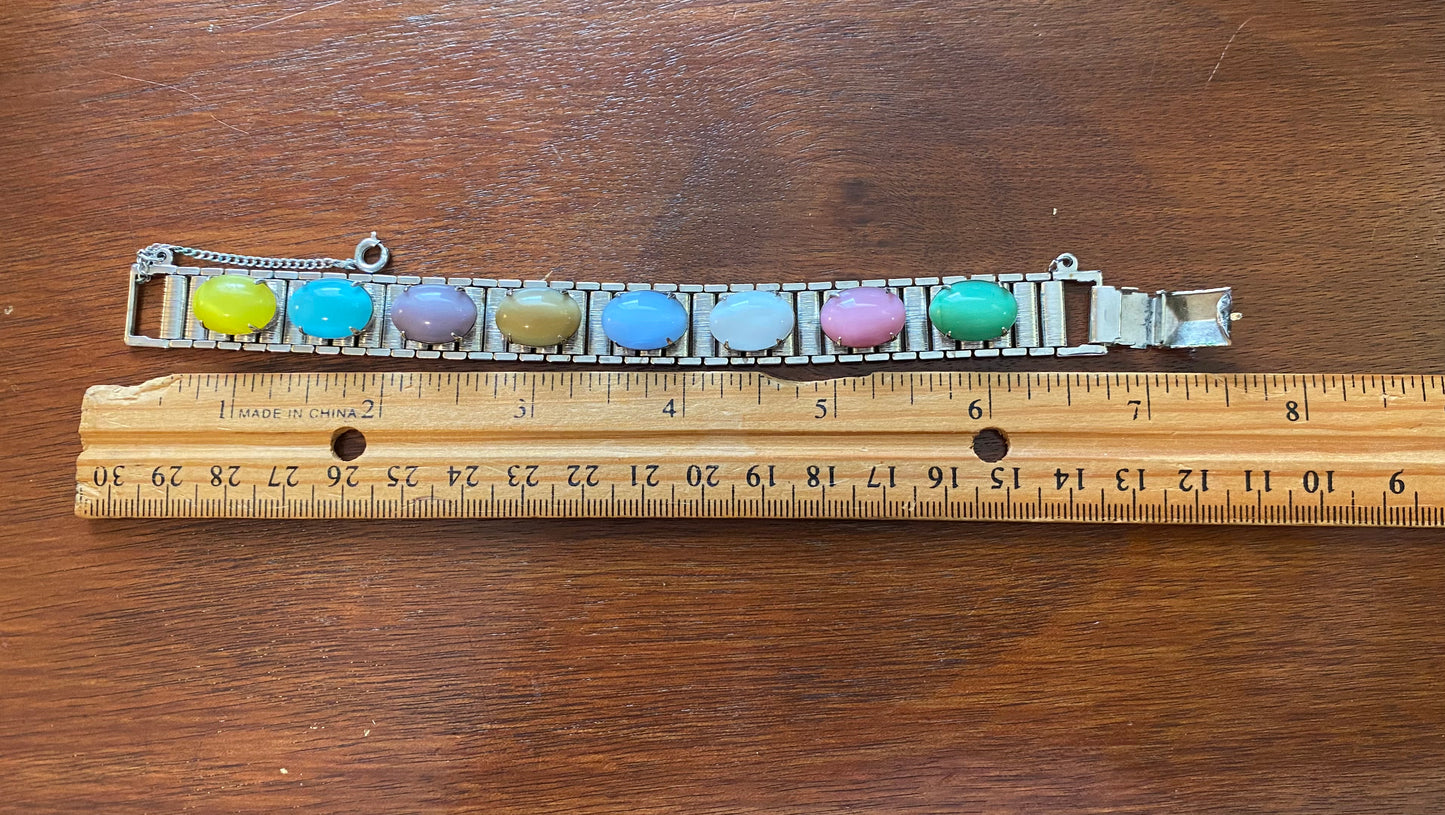 Vintage Silver Tone Sarah Coventry Panel Bracelet Pastel Stones