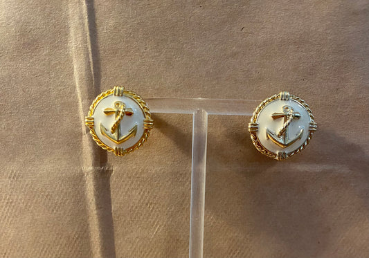 Vintage Gold Tone Enamel Nautical Anchor Round Pierced Earrings