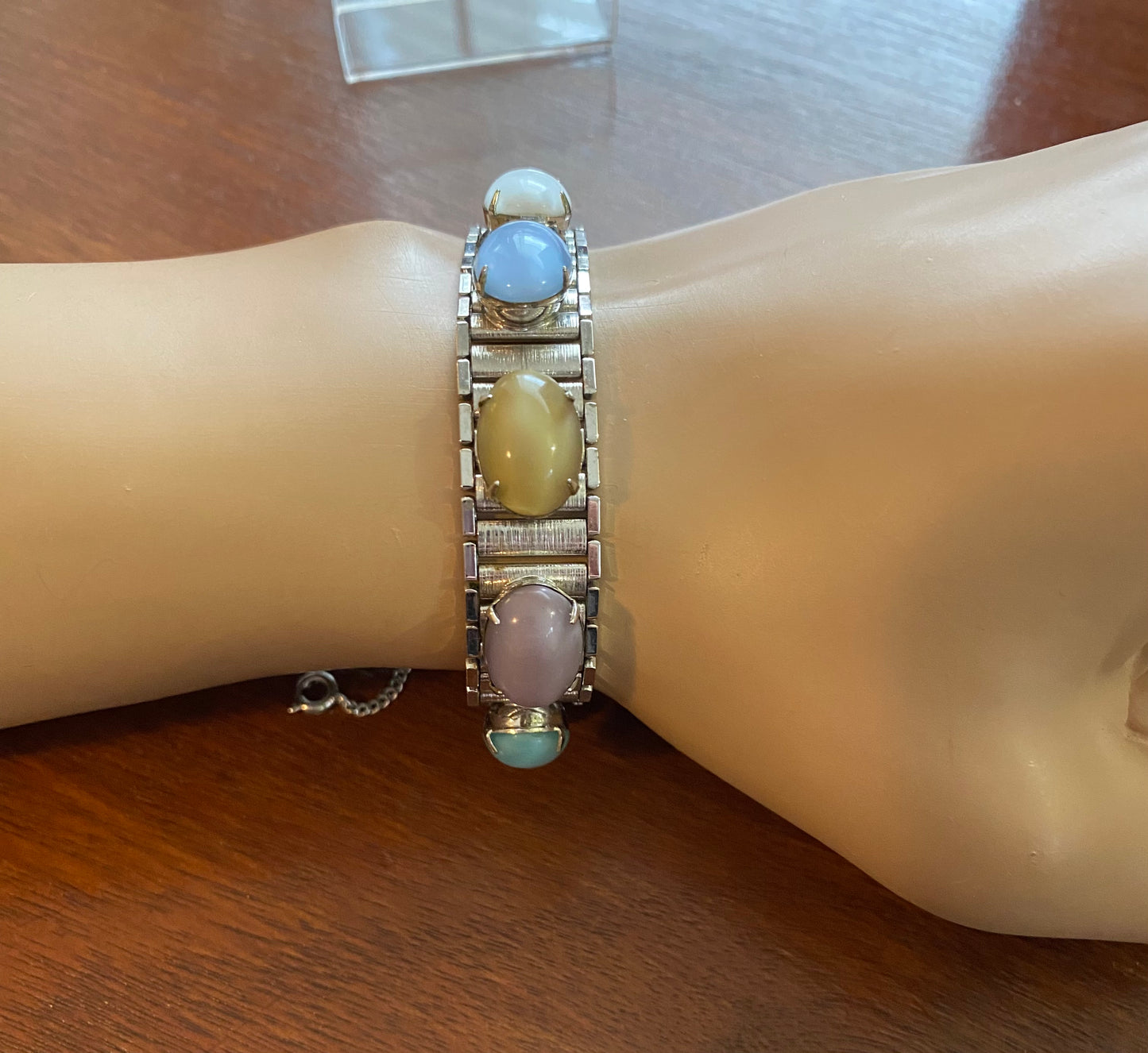 Vintage Silver Tone Sarah Coventry Panel Bracelet Pastel Stones