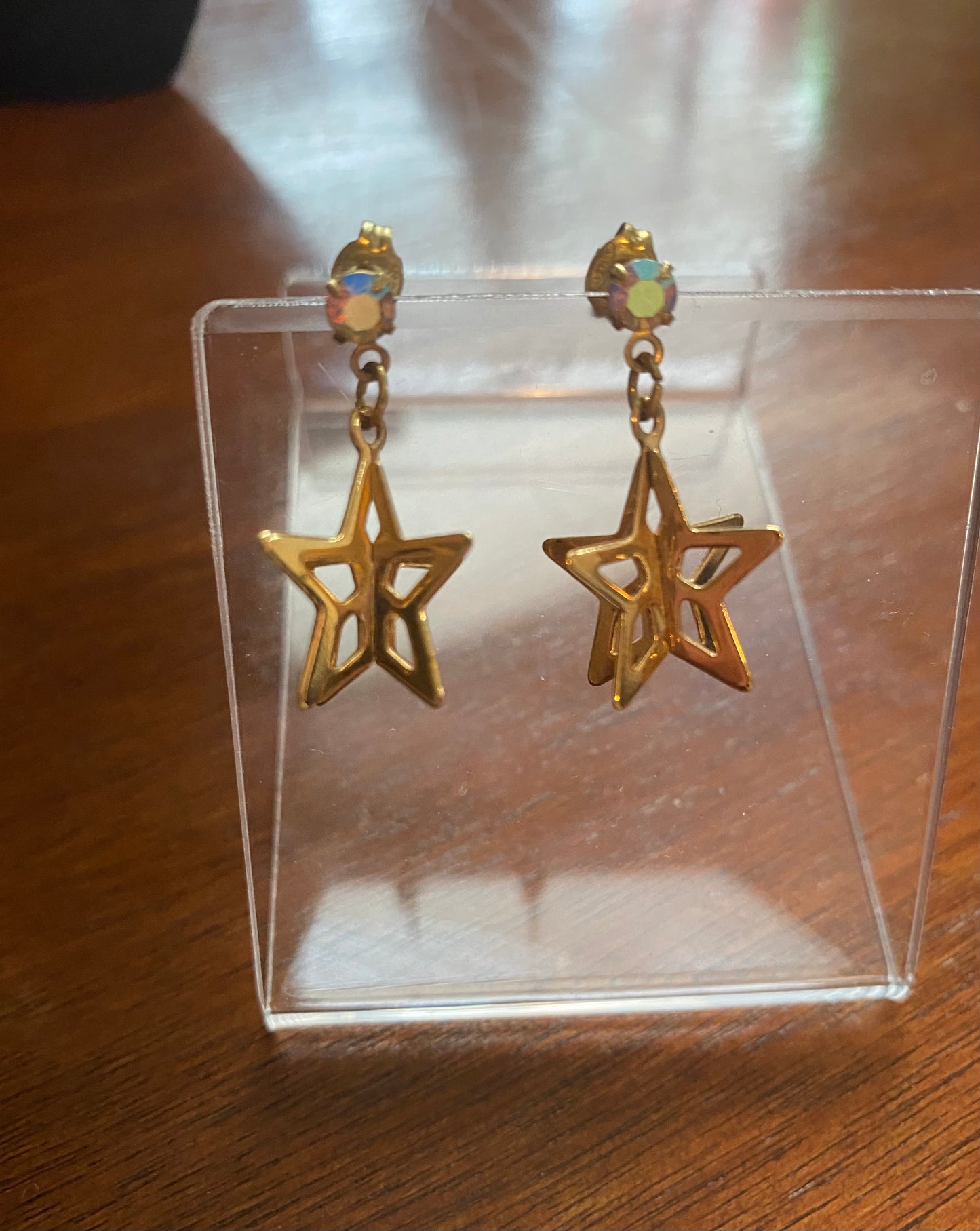 Vintage Rhinestone Gold Tone 3D Star Earrings Drop Dangly