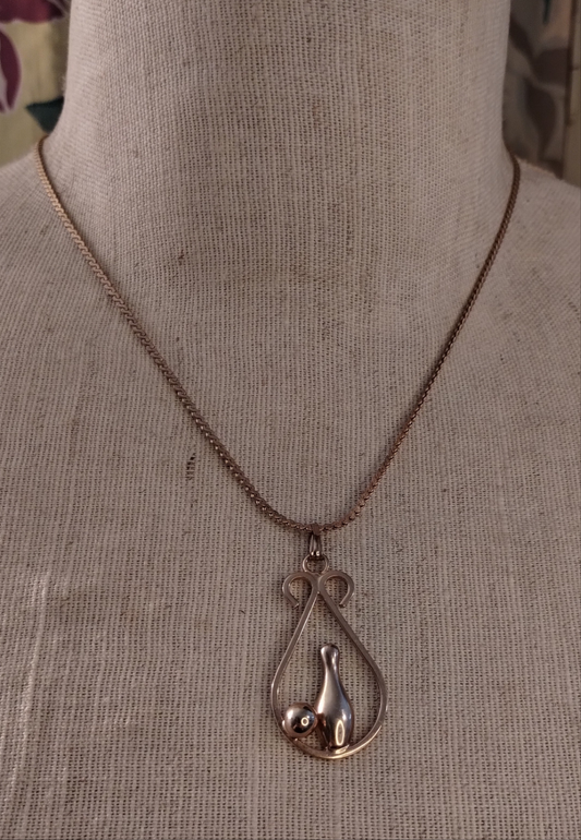 Vintage Designer Signed Aubrey Bowling Ball Pin Pendant Necklace