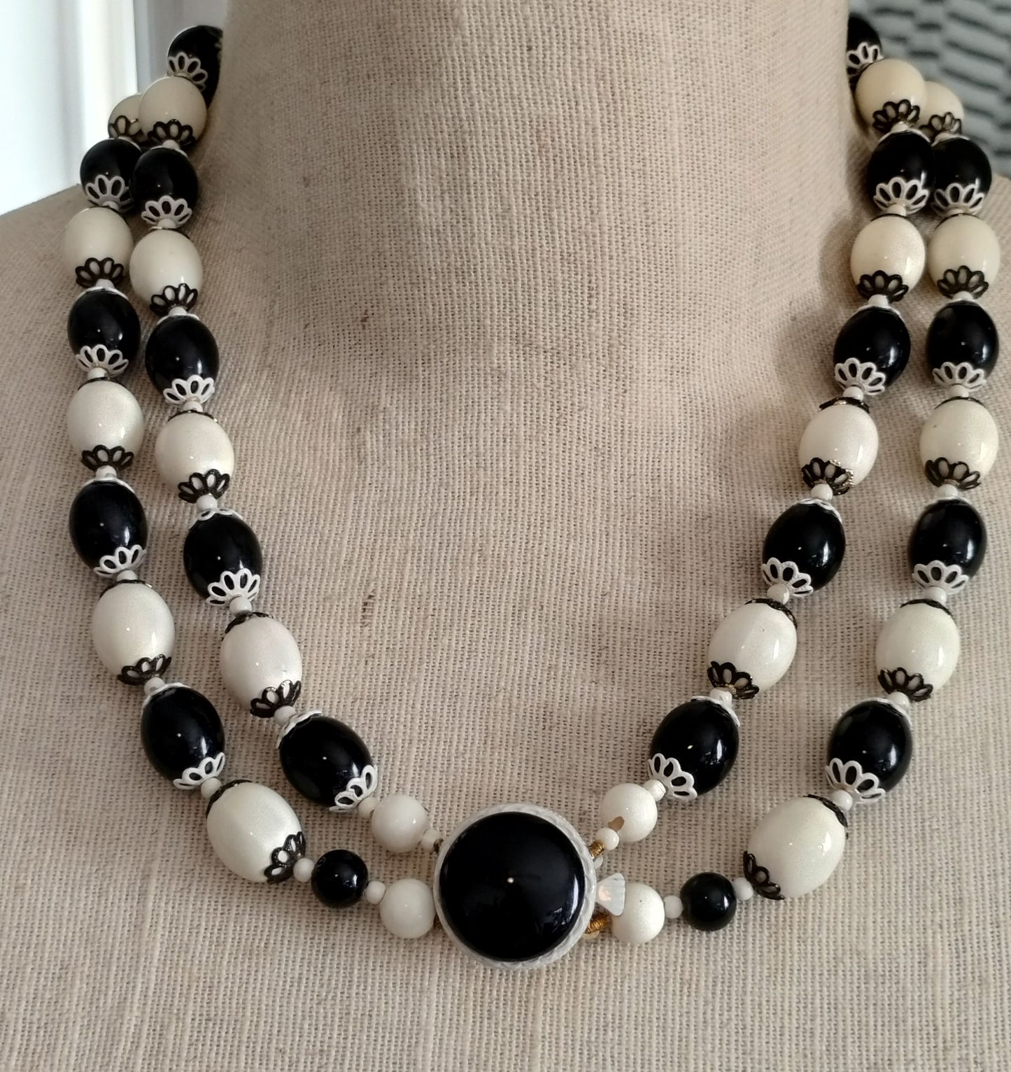 Vintage Black White Mod Hong Kong Multistrand Bead Necklace