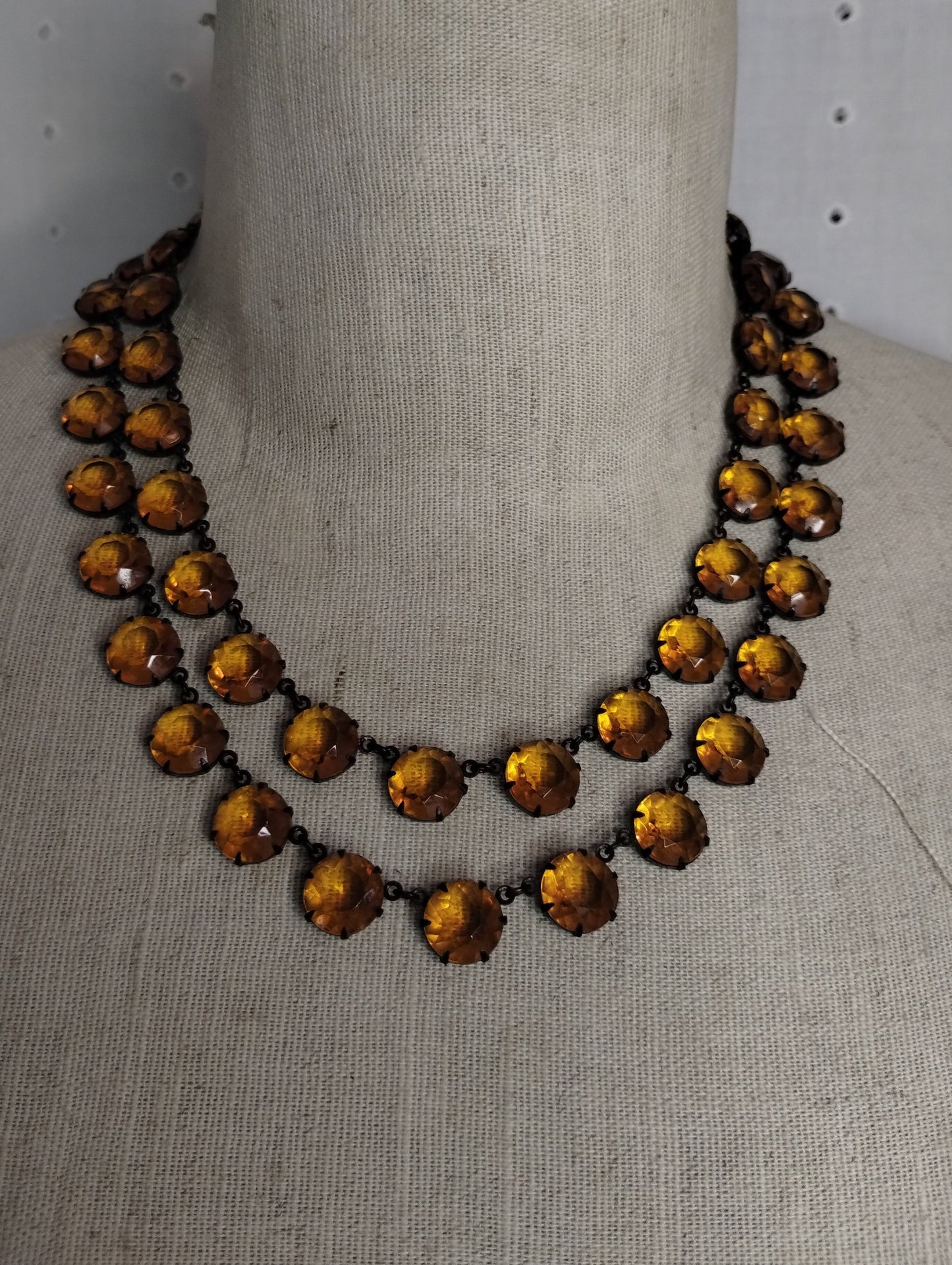 Vintage Black Metal Orange Plastic Open Bezel Multichain Necklace