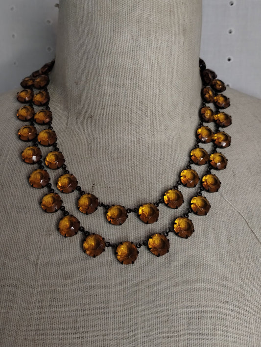 Vintage Black Metal Orange Plastic Open Bezel Multichain Necklace