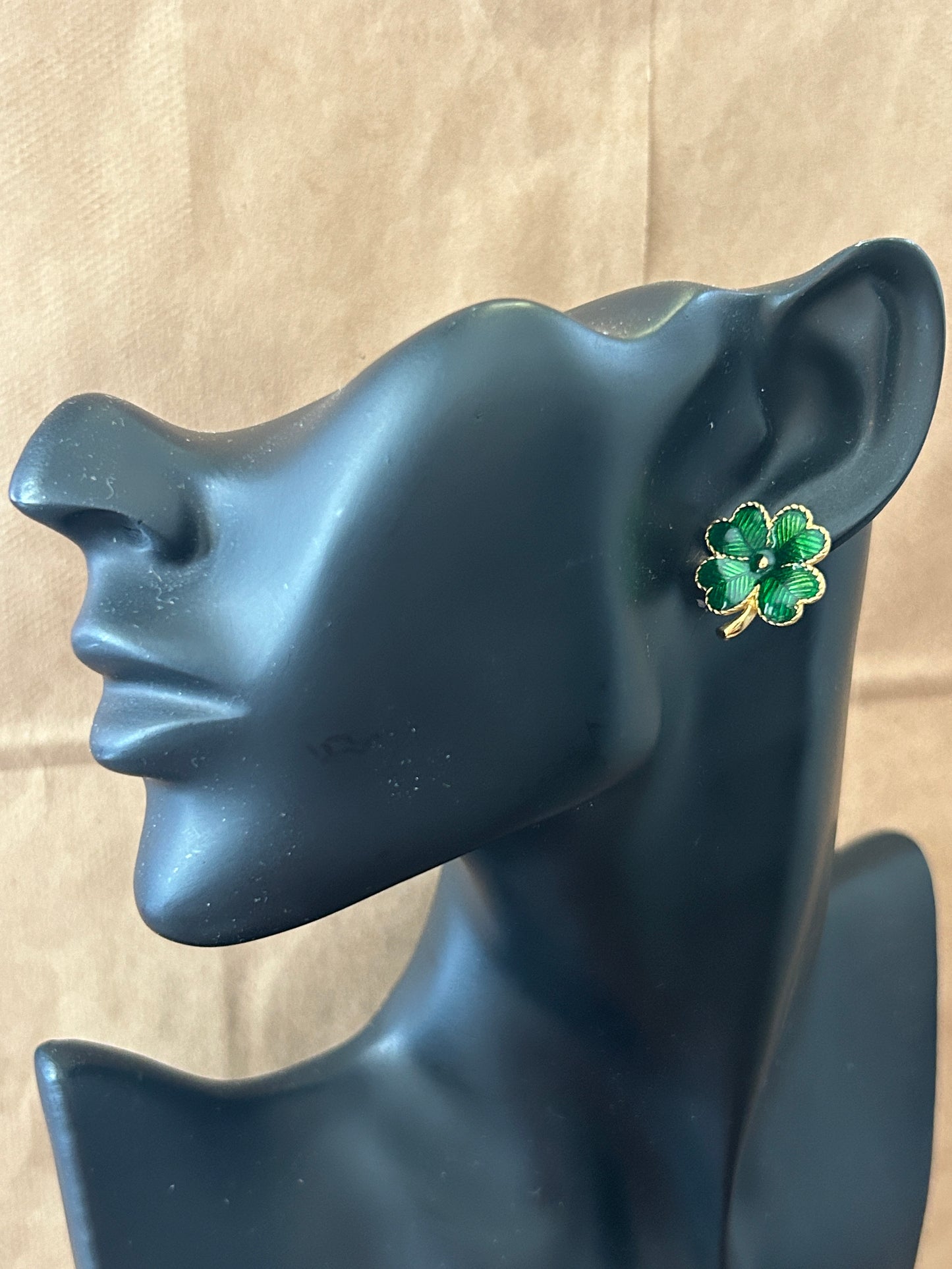Vintage Avon Gold Tone Green Enamel Four Leaf Clover Pierced Stud Earrings
