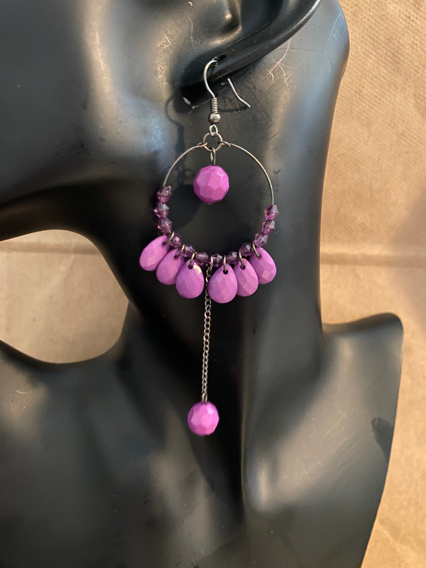 Silver Tone Purple Faceted Beaded Hoop Earrings Chandelier Dangly