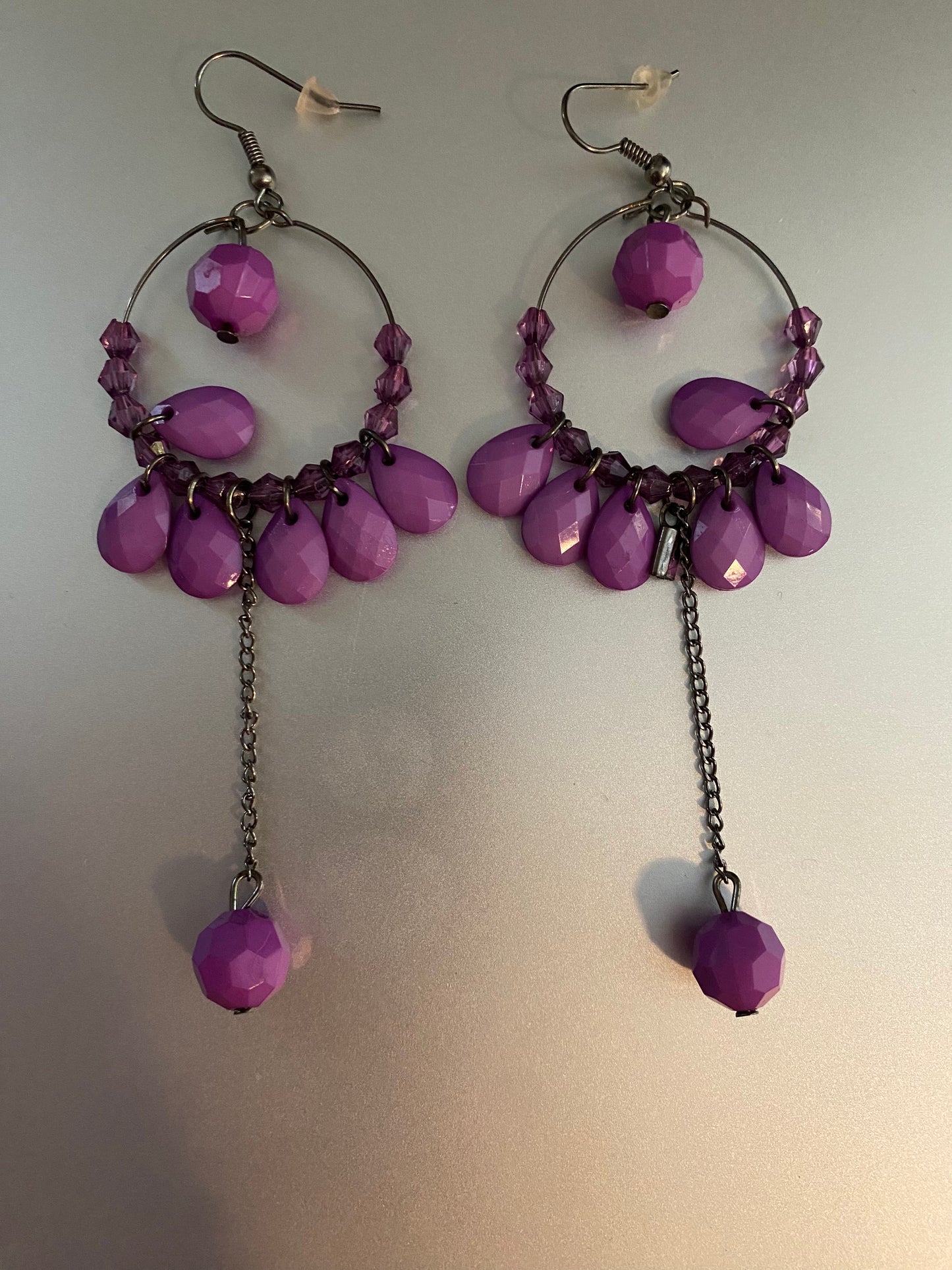 Silver Tone Purple Faceted Beaded Hoop Earrings Chandelier Dangly