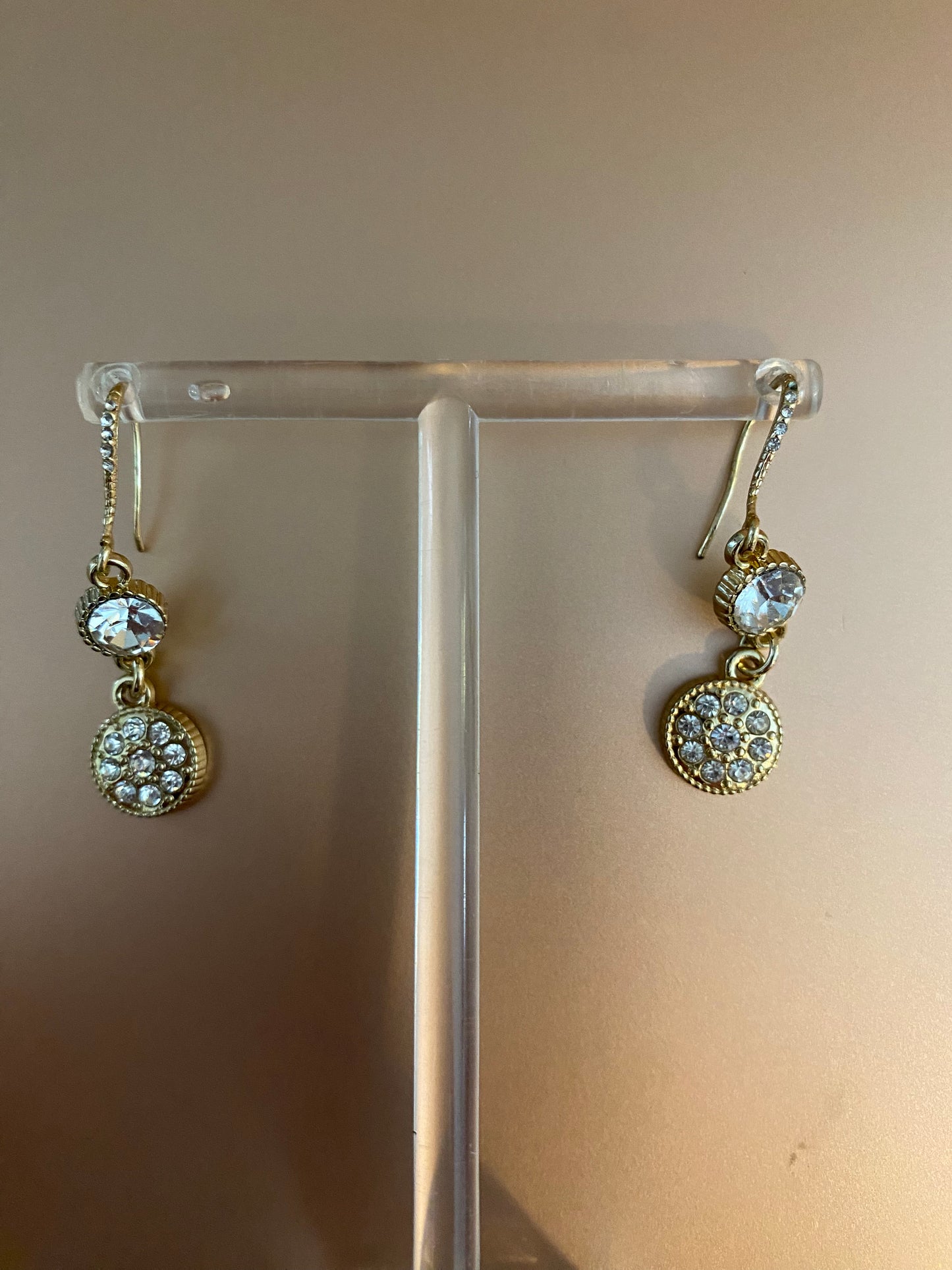 Gold Tone Cubic Zirconia Sparkly Round Drop Pierced Earrings