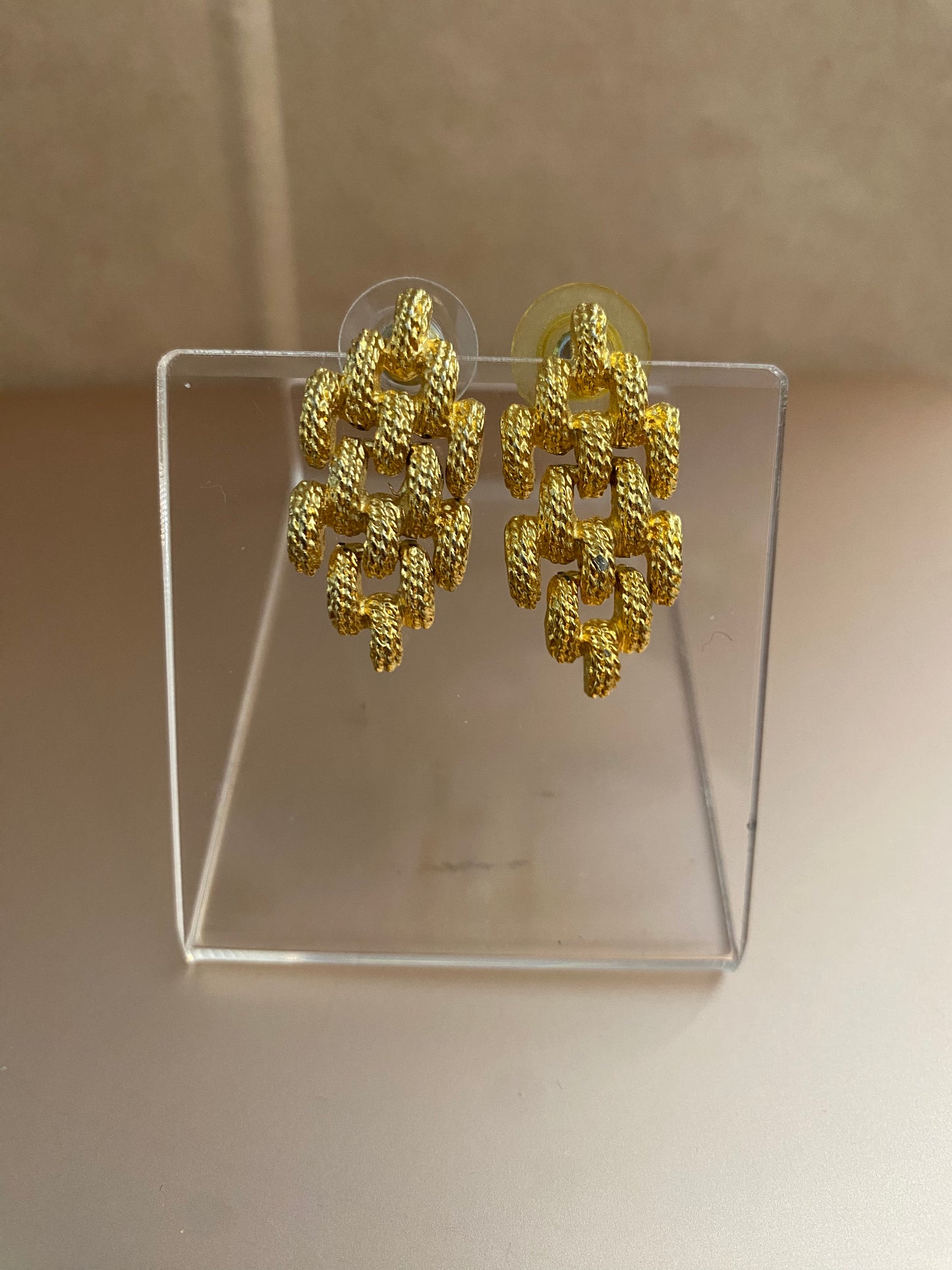 Vintage Gold Tone Diamond Shaped Dropped Pierced Earrings