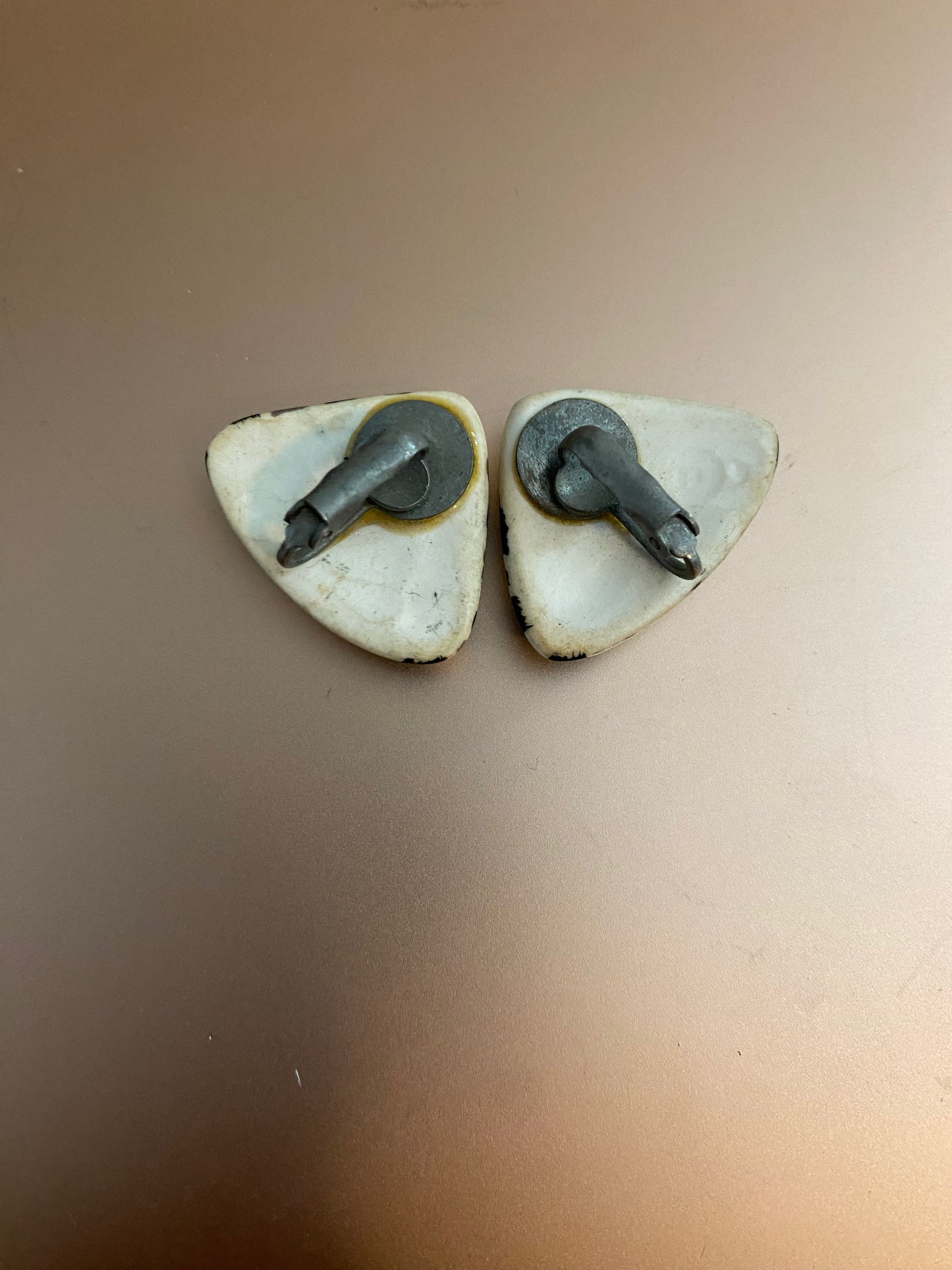 Vintage Ceramic Hand Painted Black Gold Tone Clip On Earrings