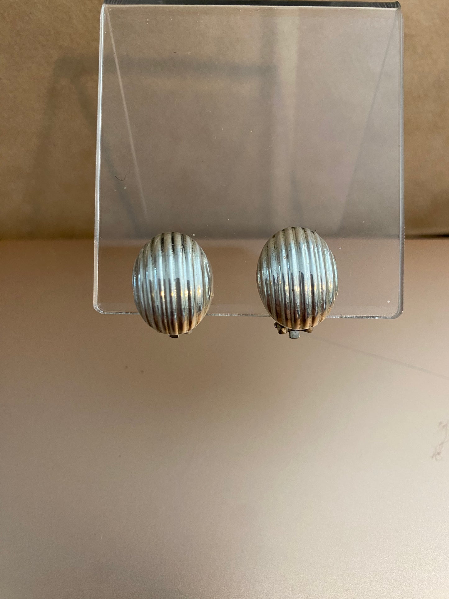 Vintage Fine Silver 950 Oval Textured Ribbed Clip On Earrings