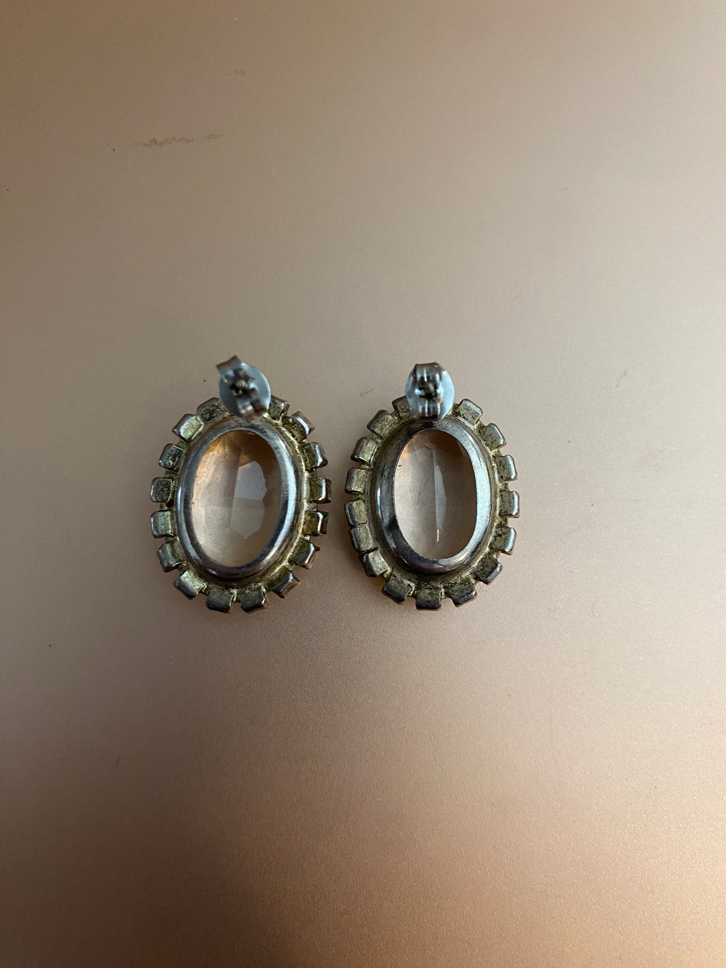 Vintage Silver Tone Over Sized Oval Rhinestone Pierced Earrings