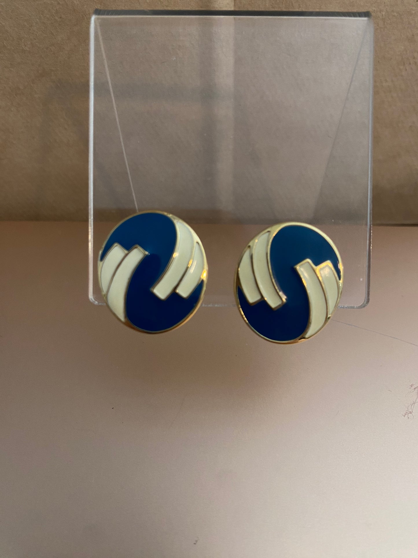 Vintage Monet  Blue White Enamel Clip On Earrings