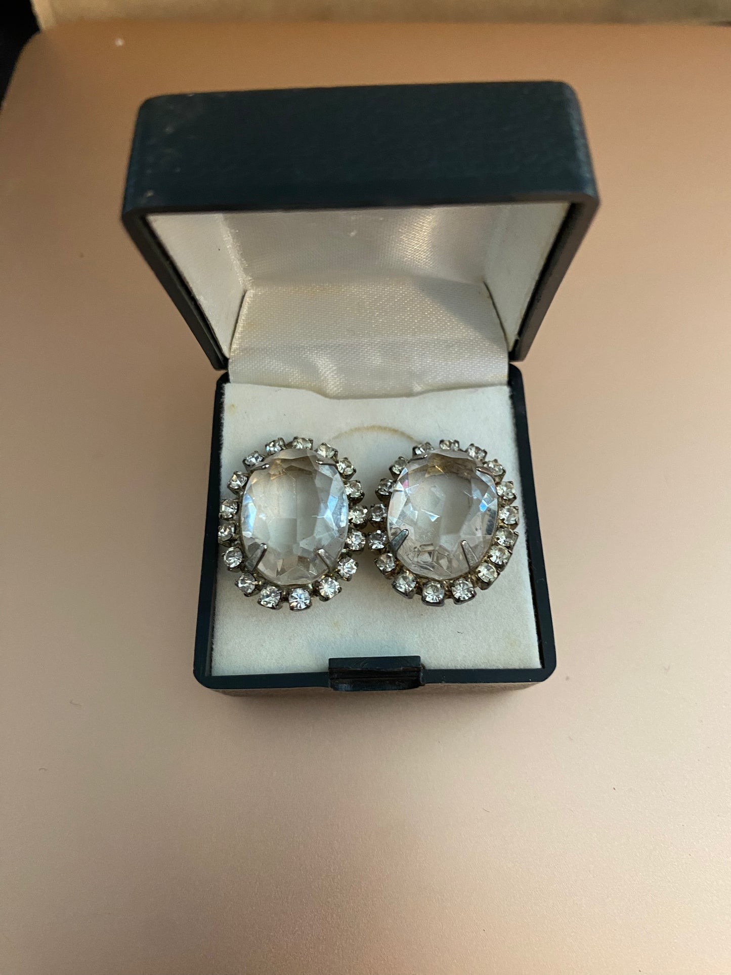 Vintage Silver Tone Over Sized Oval Rhinestone Pierced Earrings