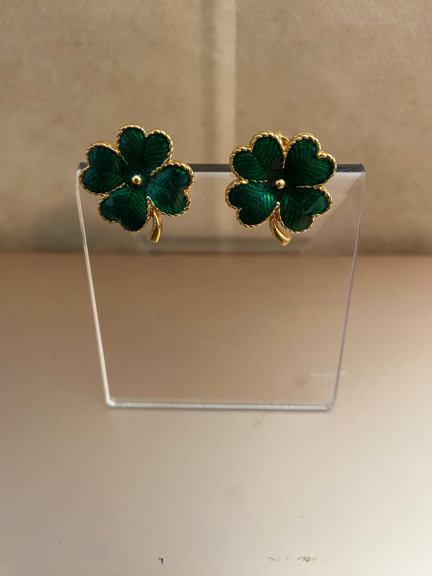 Avon Gold Tone Green Enamel Four Leaf Clover Pierced Earrings