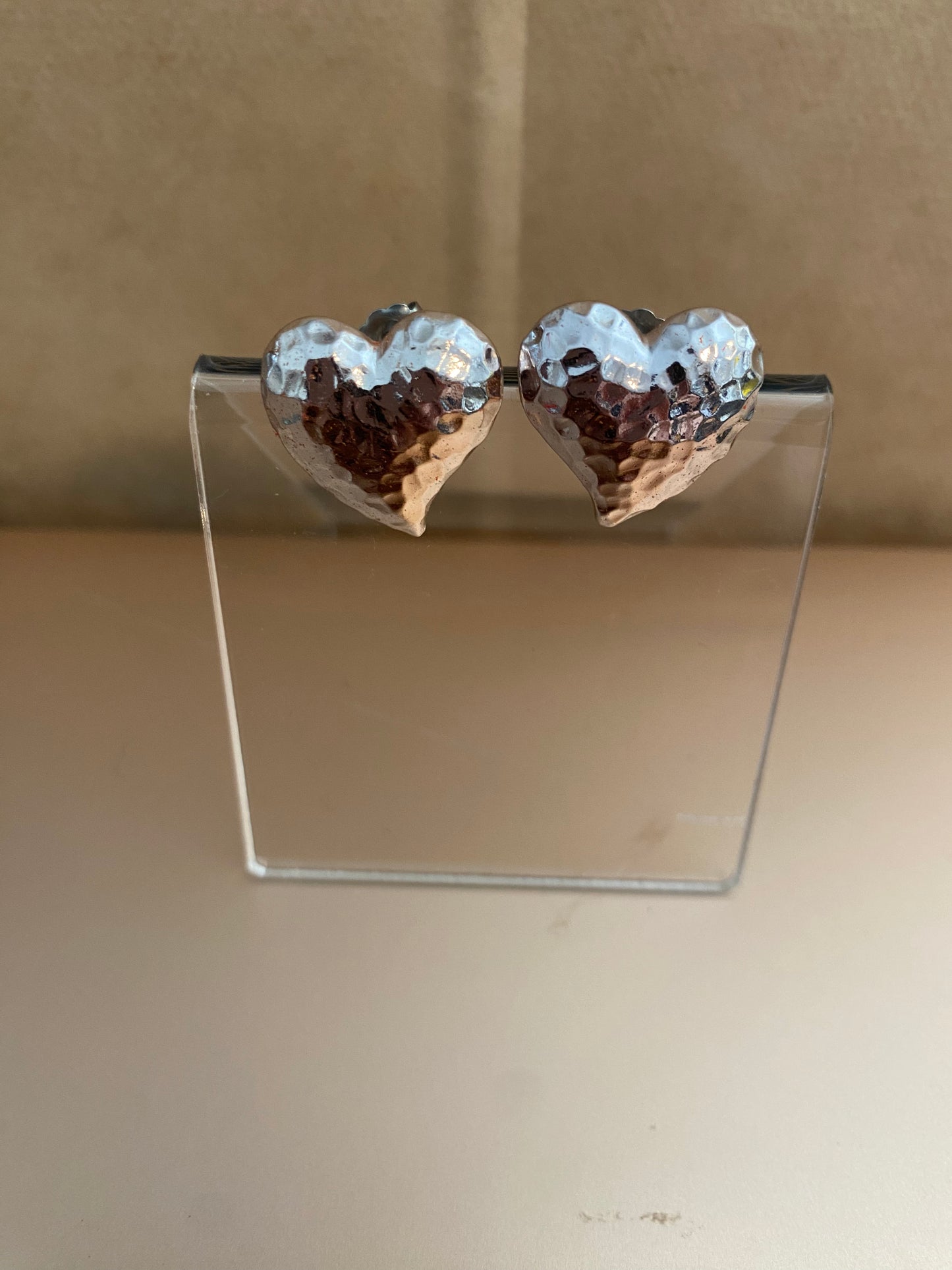 Silver Tone Hammered Heart Stud Pierced Earrings