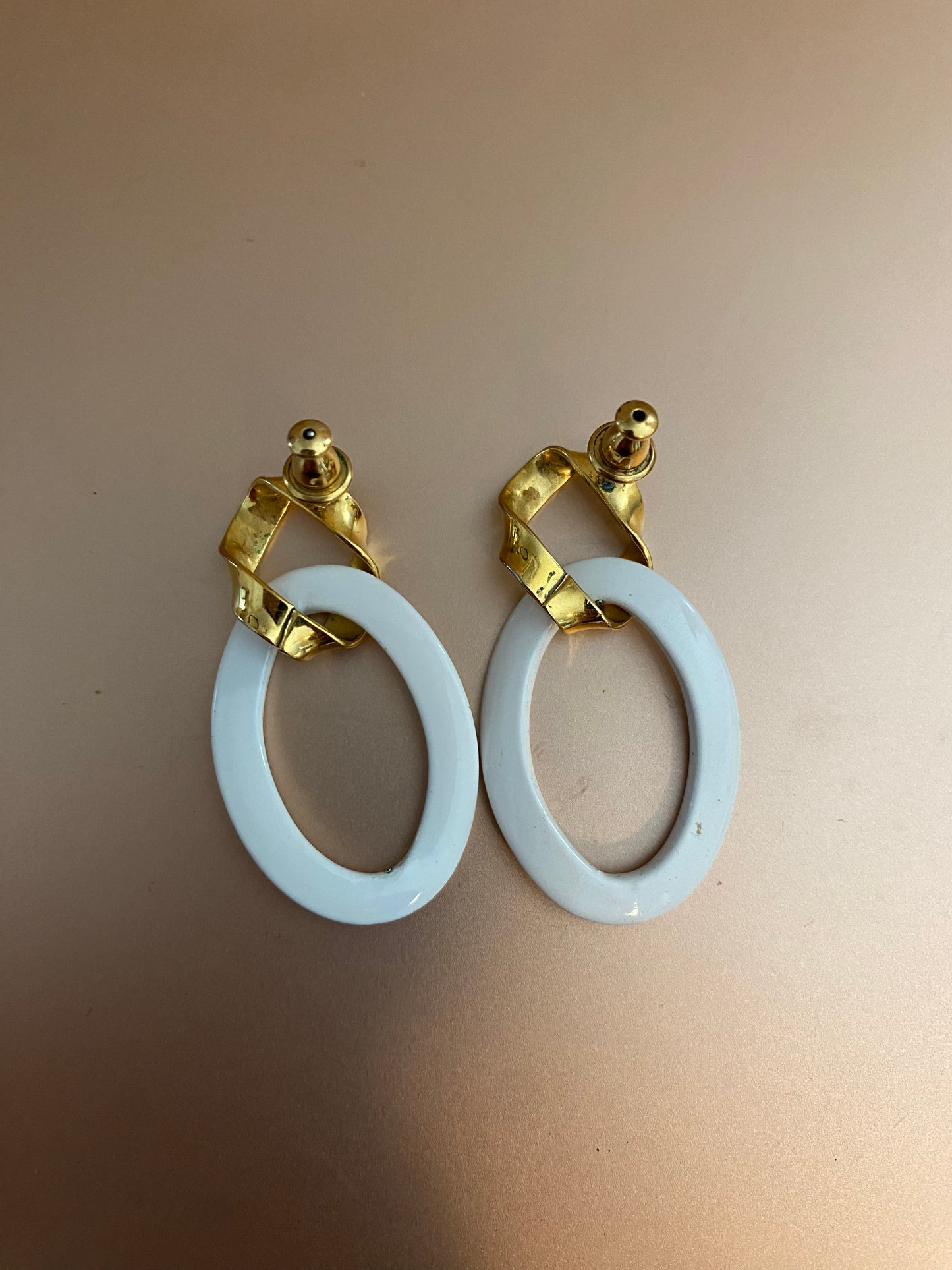 Gold Tone White Circle Door Knockers Monet Pierced Earrings