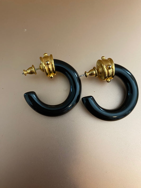 Vintage Black Gold Tone Monet Hoop Pierced Earrings