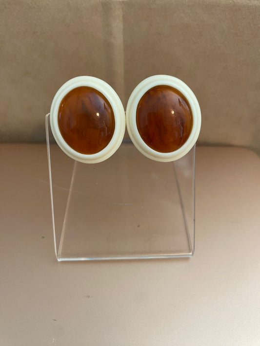 Vintage Amber Tone Swirl Cream Oval Pierced Avon Earrings