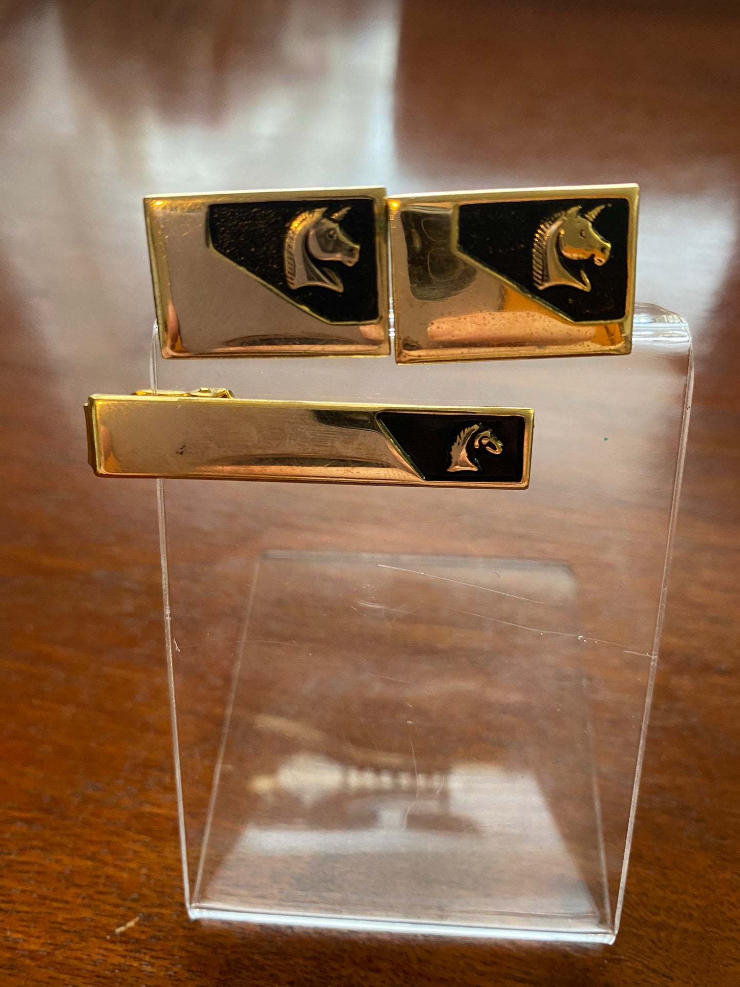 Vintage Gold Black Tone Horse Cufflink Tie Clip Set
