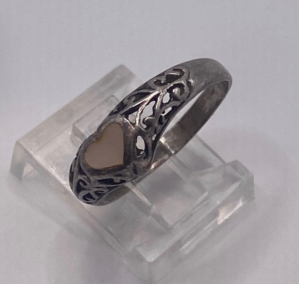 Sterling Silver 925 Pink MOP Inlay Heart Filigree Scroll Ring Sz 7