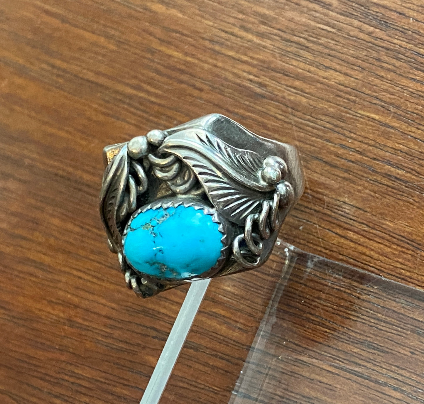 Vintage Old Pawn Silver Turquoise Leaf Ring Sz 9.5