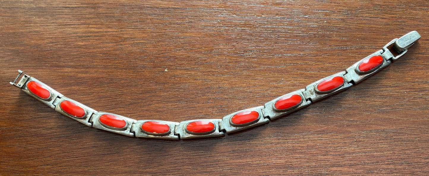 Sterling Silver 925 Red Coral Bracelet 7 3/8" Long