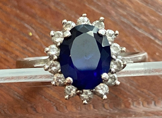 Stauer Signed Sterling Silver 925 Lab Created Blue Sapphire Halo Ring Sz 6.75