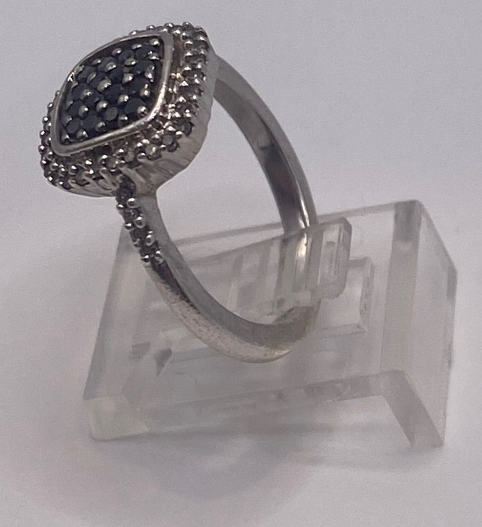 Sterling Silver 925 Black Diamond Pave Halo Ring Sz 6.5