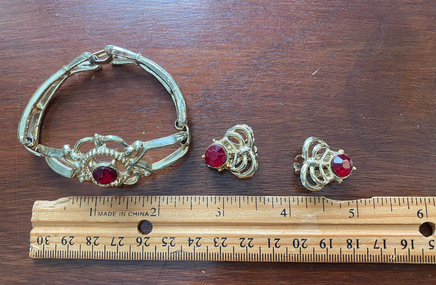 Vintage Gold Tone Red Rhinestone Bracelet Clip on Earrings Set