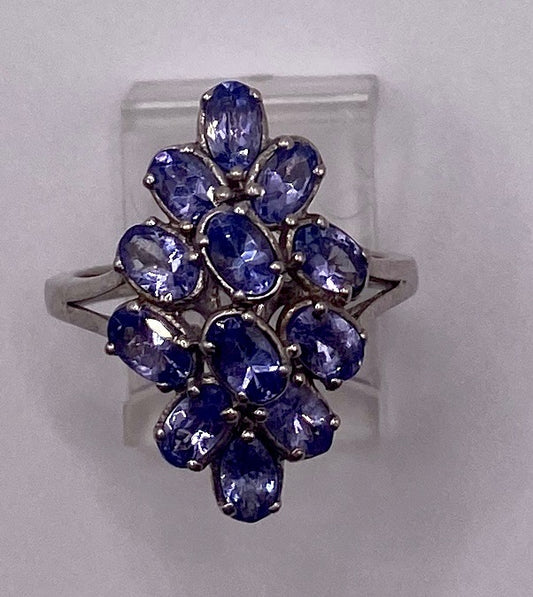 Sterling Silver 925 Oval Tanzanite Cluster Ring Sz 8 Signed STS