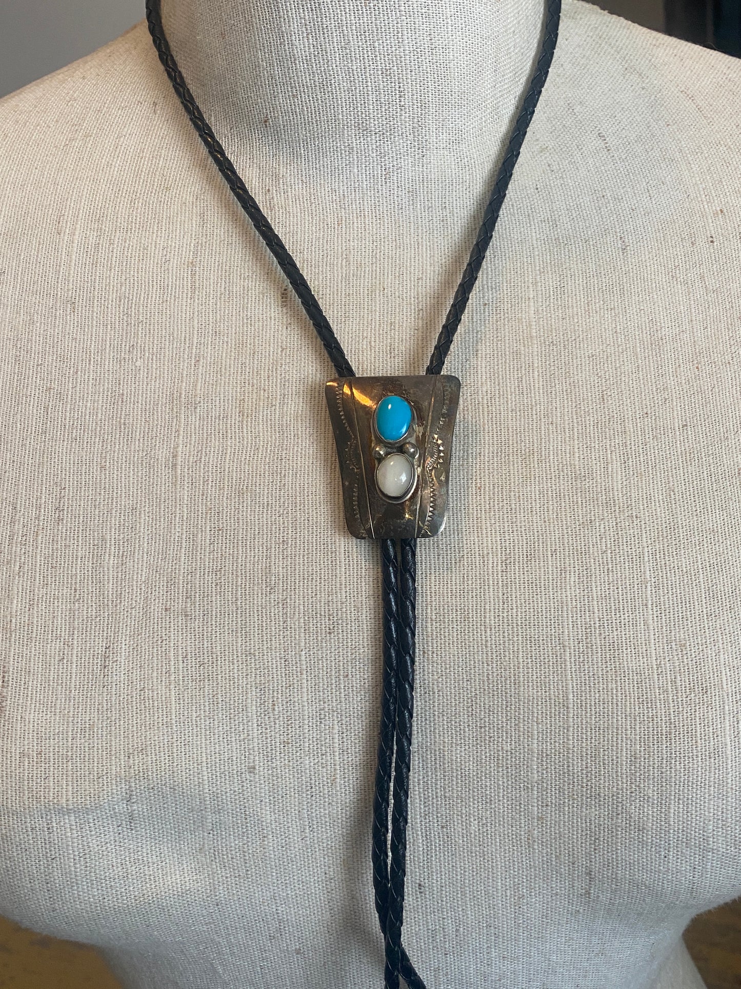 Vintage Signed AT Native American Sterling Silver Turquoise Bolo Tie