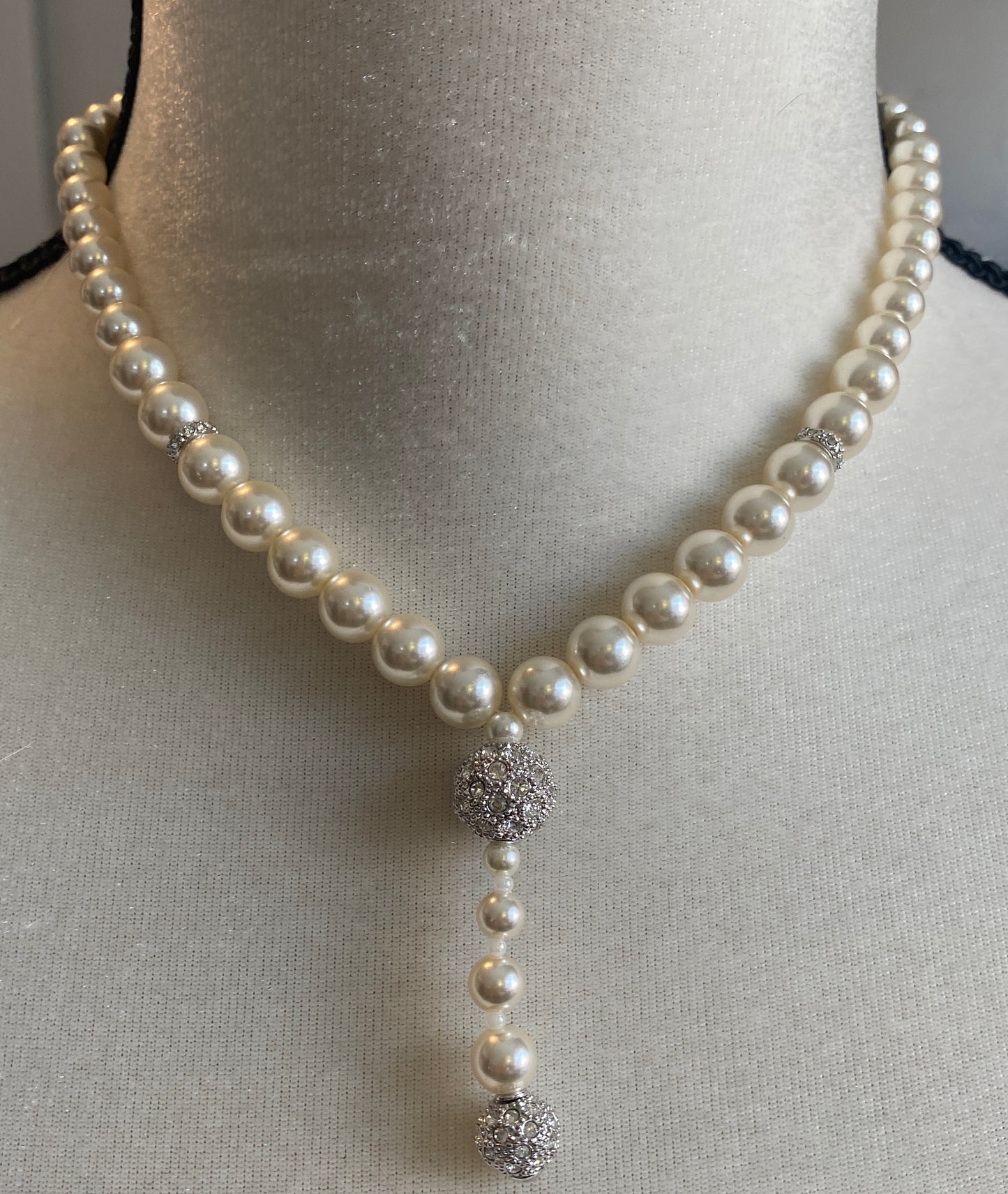 Faux Pearl Silver Rhinestone Bead Jewelry Set Necklace Bracelet