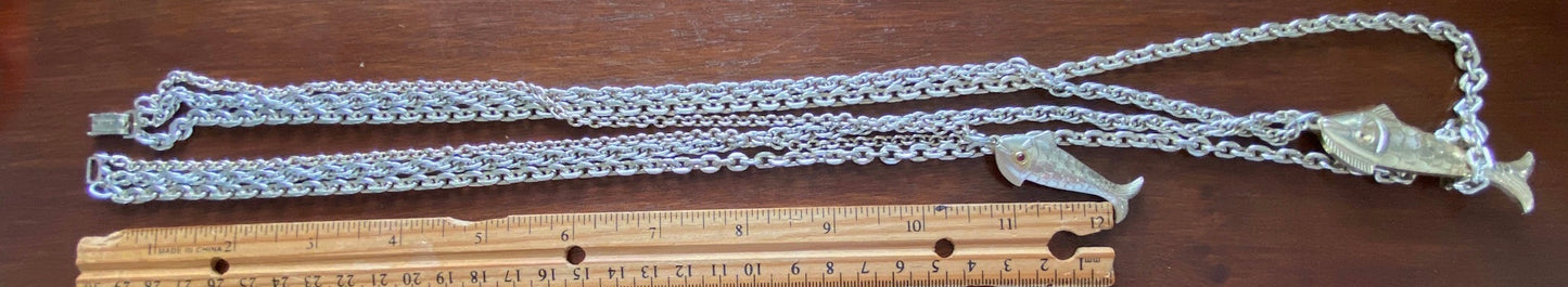 Vintage Germany Gold Tone Chain Multistrand Fish Rhinestone Necklace