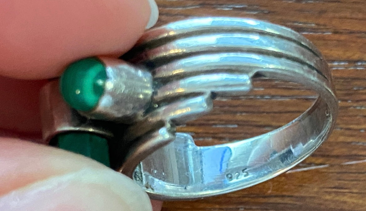 Sterling Silver 925 Malachite Cabochon Modernist Ring Sz 6.25