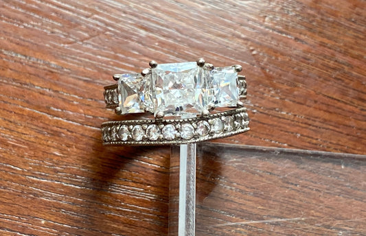 Sterling Silver 925 Princess Cut CZ Wedding Engagement Ring Set Sz 4.5