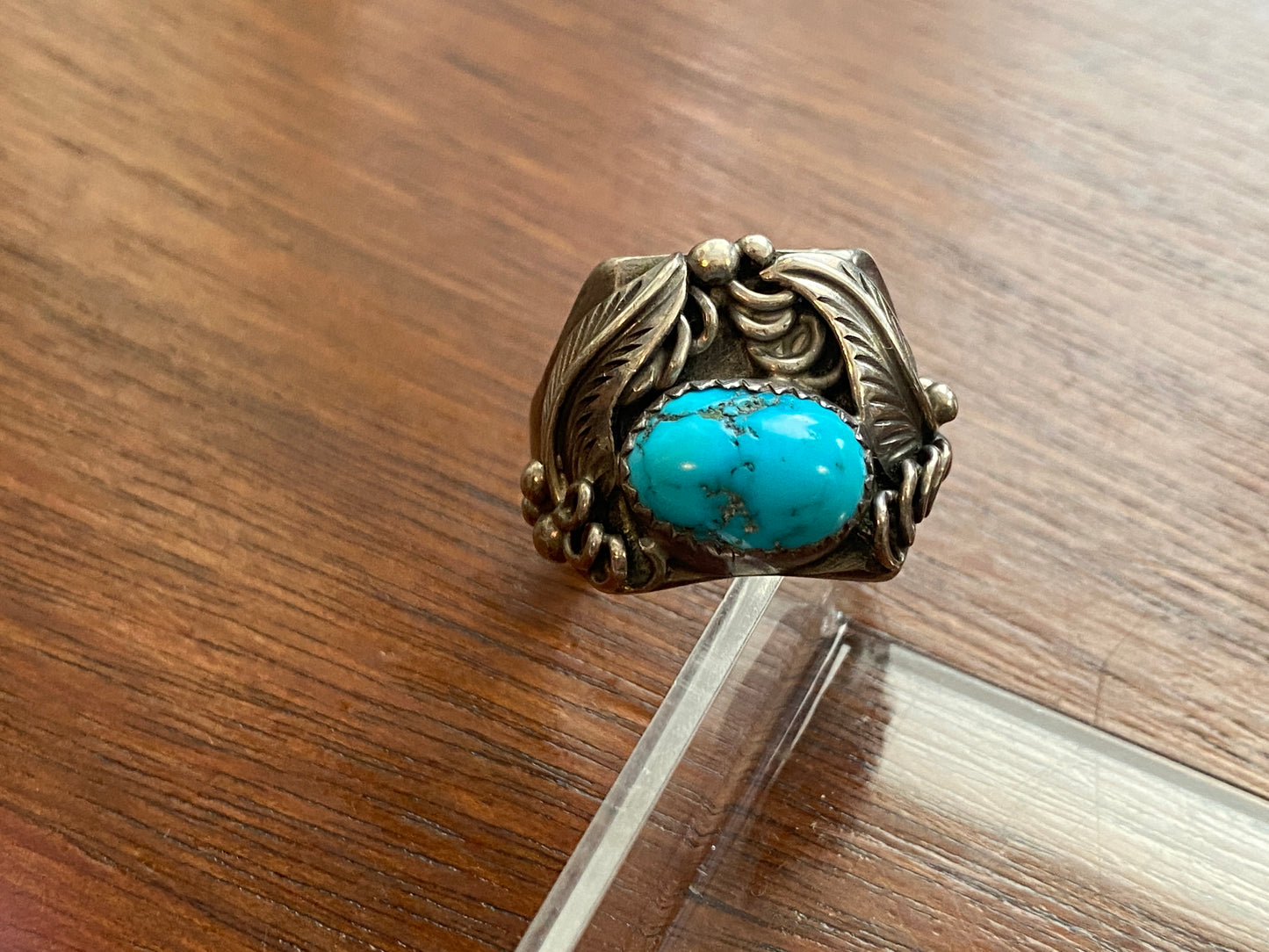 Vintage Old Pawn Silver Turquoise Leaf Ring Sz 9.5