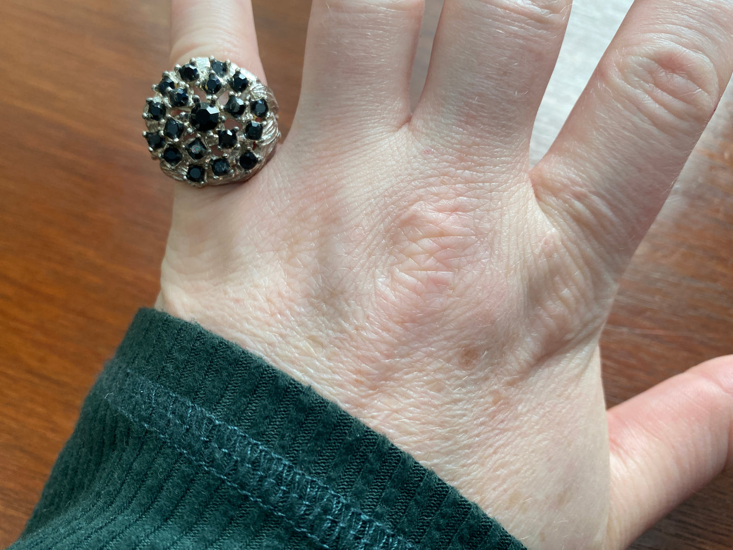 Silver Tone Black Rhinestone Cocktail Bombe Ring Sz 5